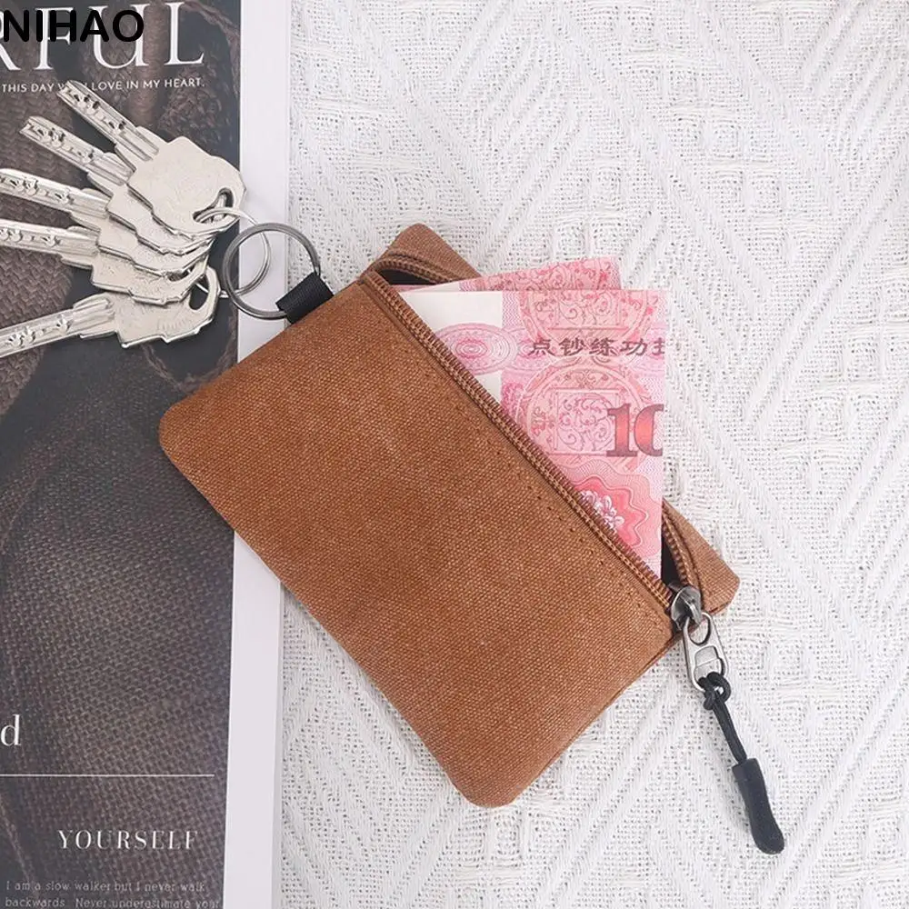

Casual Hand-held Canvas Coin Purse Solid Color with Key Ring Mini Coin Pouch Durable Classic Pouch Bag Bus Card