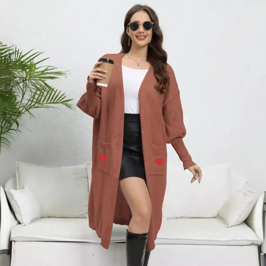 

Women's Lazy Fan Knit Sweater Double Pocket Lantern Sleeve Cardigan Fashionable Loose Fit Warmth for Autumn/Winter Season