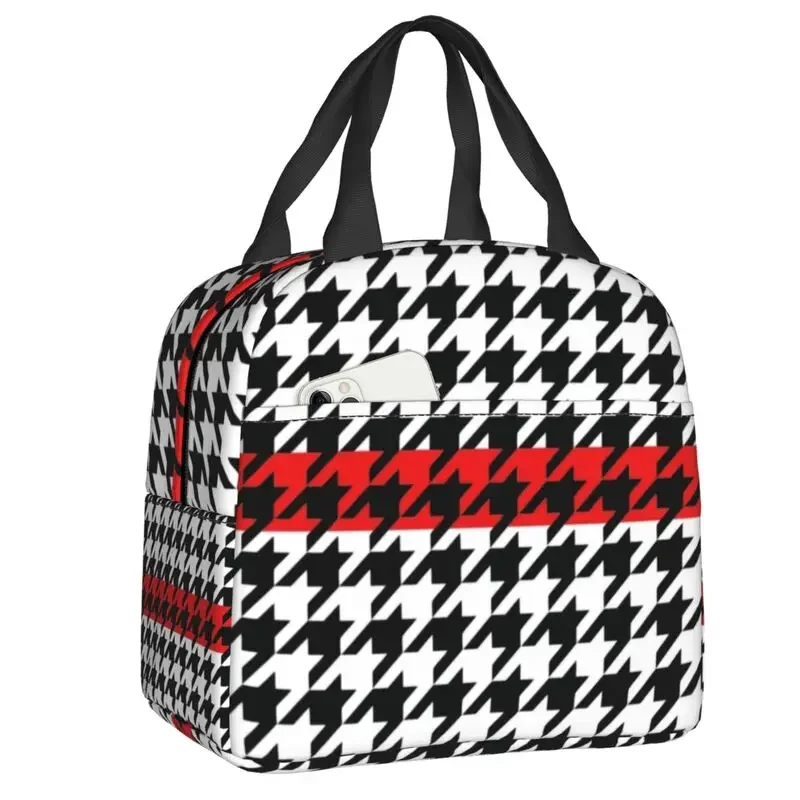 Modern Houndstooth With Red Stripe Resuable Lunch Boxes for Dogstooth Cooler Thermal Food Insulated Lunch Bag Kids School