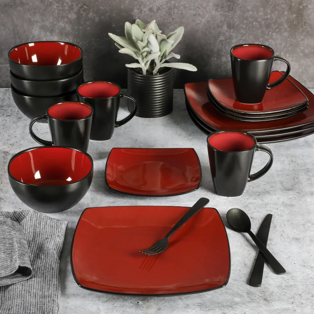 Soho Lounge Square 16-Piece Dinnerware Set - Red Dinner Set  Dish Set  Dinner Set  Plate Sets