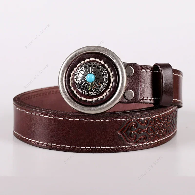 Mongolian Belt for Men Cowhide Waistband Mongolia Girdle Accessories Embossed National Style Retro Waist Band