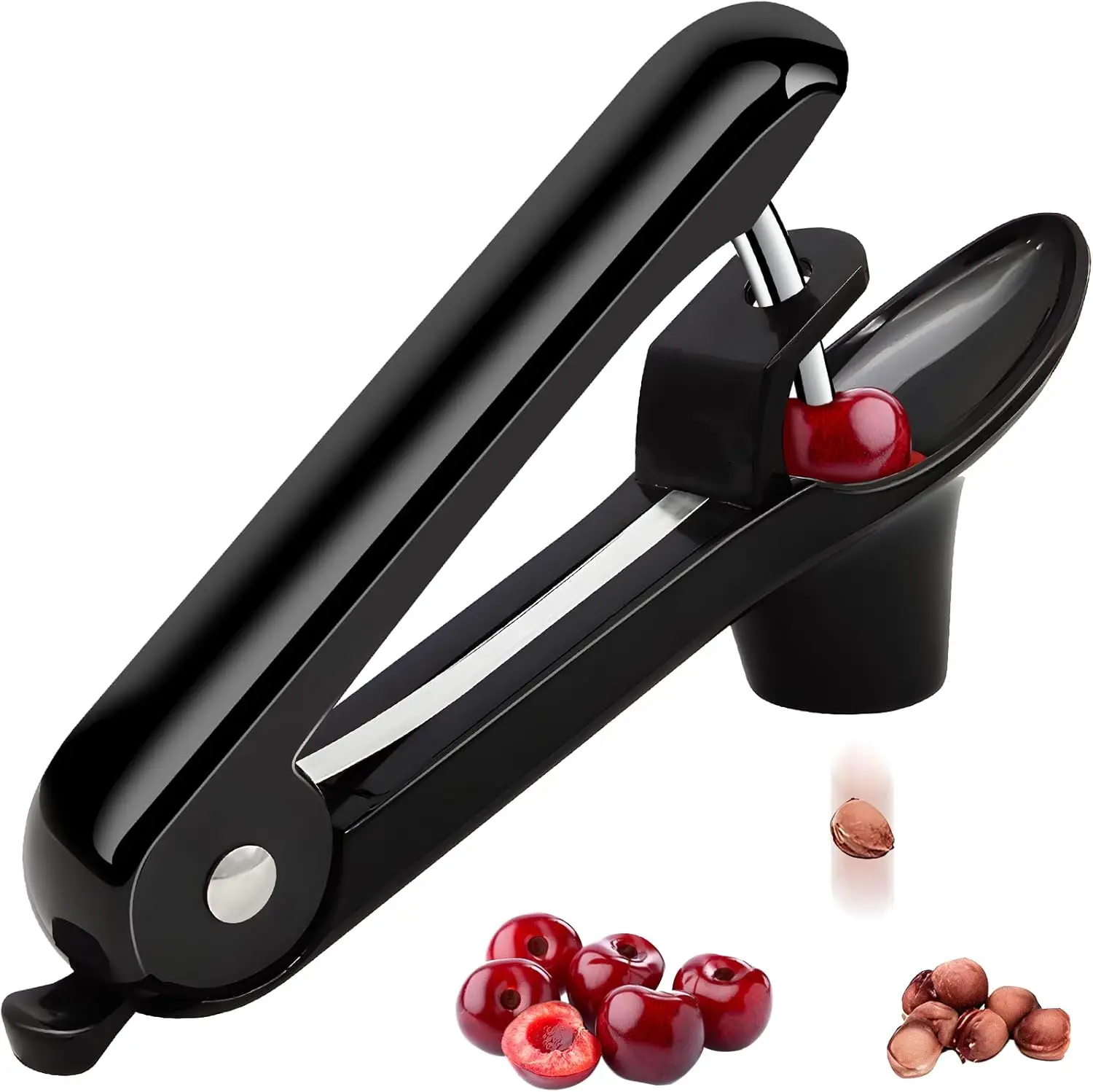 Descorazonador de cerezas con diseño de bloqueo, removedor de huesos de cereza manual para aceitunas y frutas pequeñas, de acero inoxidable y silicona duraderos