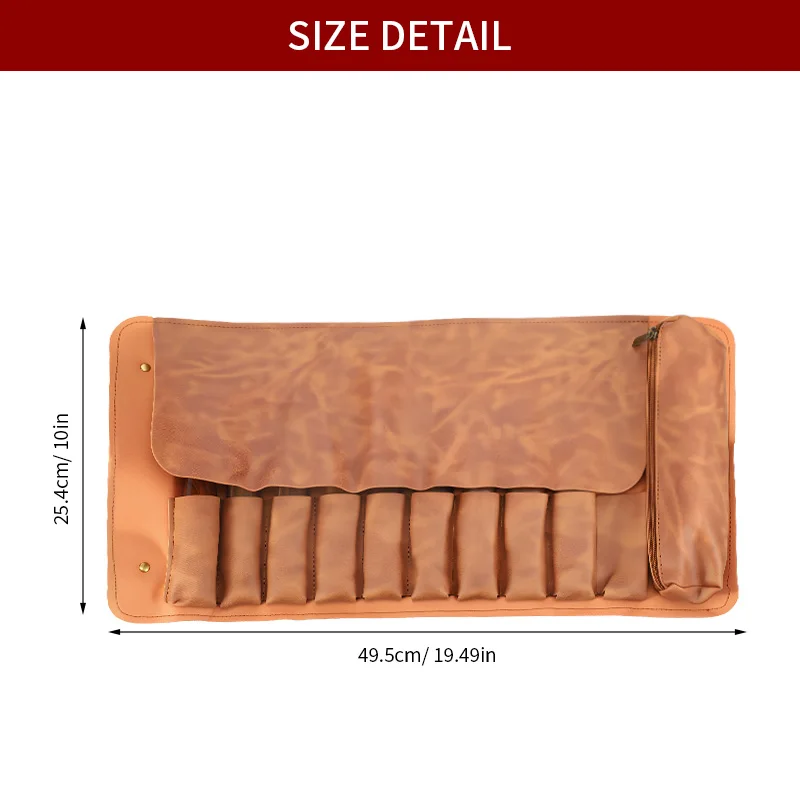 Leather Roll Tool Bag 10 Slots Zipper Pocket for Carving Chisels Woodworking Tool Organizer with Strap Portable Storage Pouch