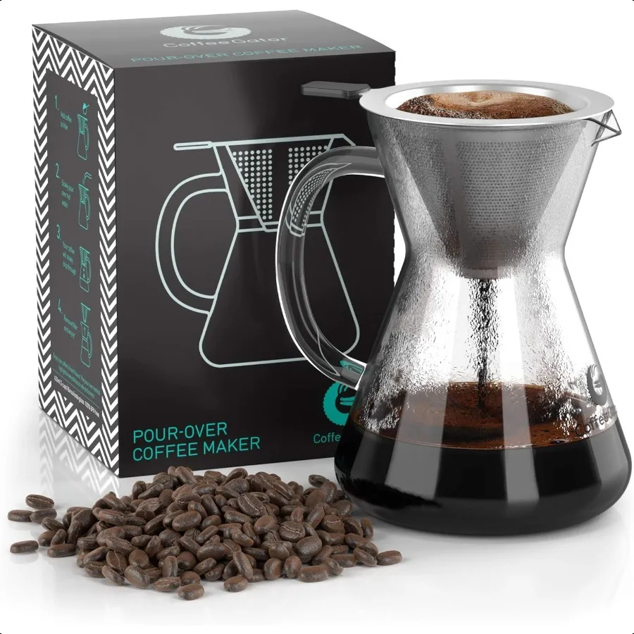 

Pour Over Coffee Maker 14oz High Heat Borosilicate Glass with Reusable Stainl Steel Filter Drip Coffee Brewer Pour Dripper Set