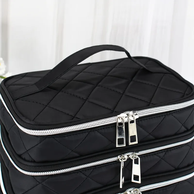 Fashion Light Luxury Large Capacity Black Rhombus Makeup Bag, Three-Layer Double-Layer Multi-Layer Storage Bag, Portable Handbag