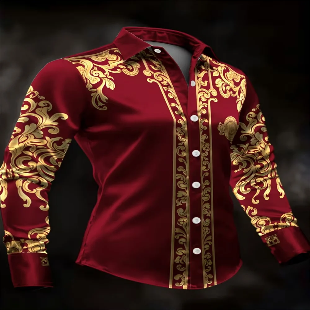 Men's Long Sleeve Dress Shirt Wine Red Gold Baroque Scroll Print Lapel Button Down Luxury Formal Shirts For Wedding Party Nightc