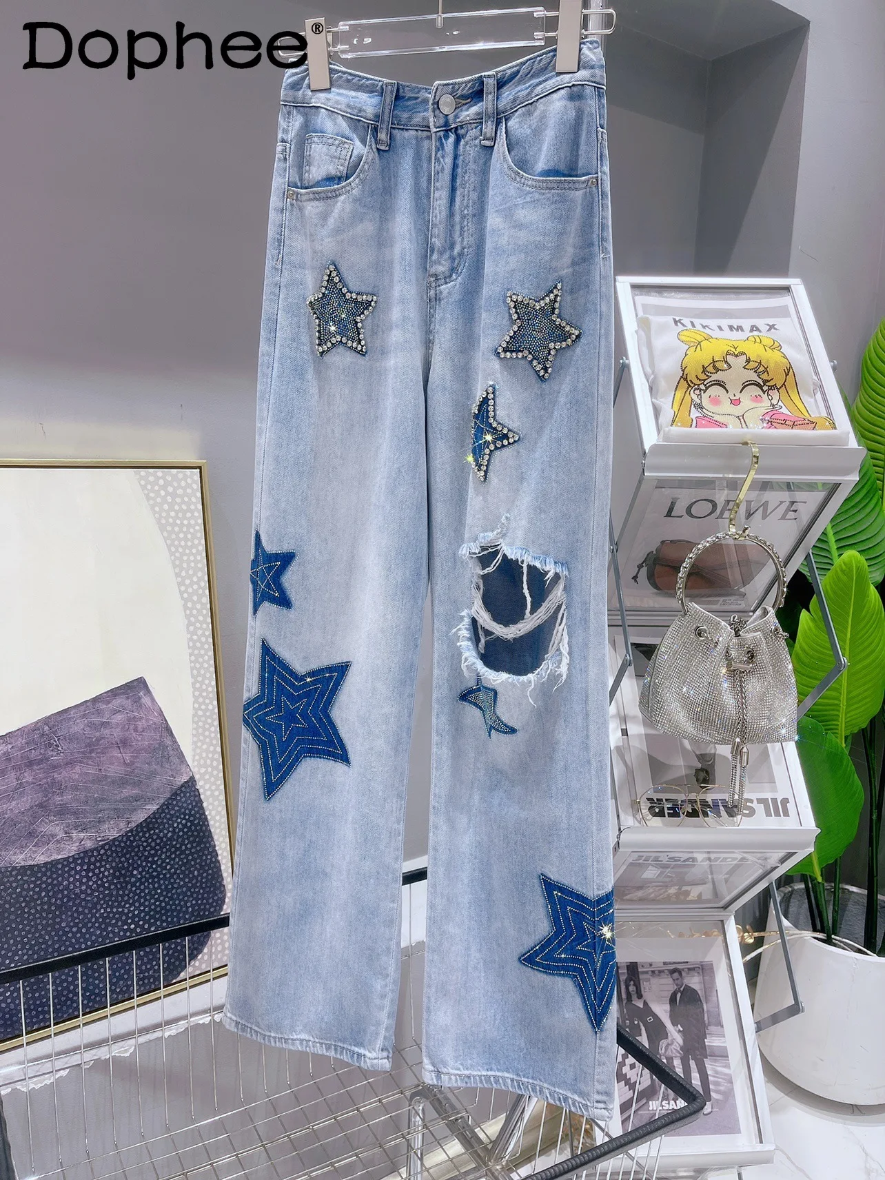 Exquisite Rhinestone Stars Ripped Jeans Women's High Waist Straight Mop Light Blue Denim Pants 2022 Summer New Long Pantalones