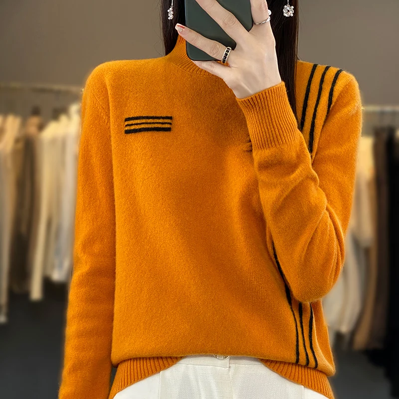 2023 Autumn and Winter New Women's Sweater 100% Wool Half High Neck Knitted Casual Pullover Korean Fashion Soft Women's Top