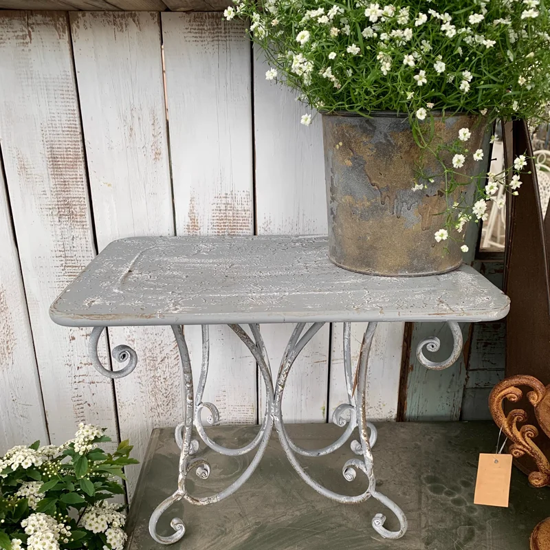 Multi-Purpose Cement Gray Finish Scrolled Vintage Rustic Metal Iron Stool Flower Stand and Seating