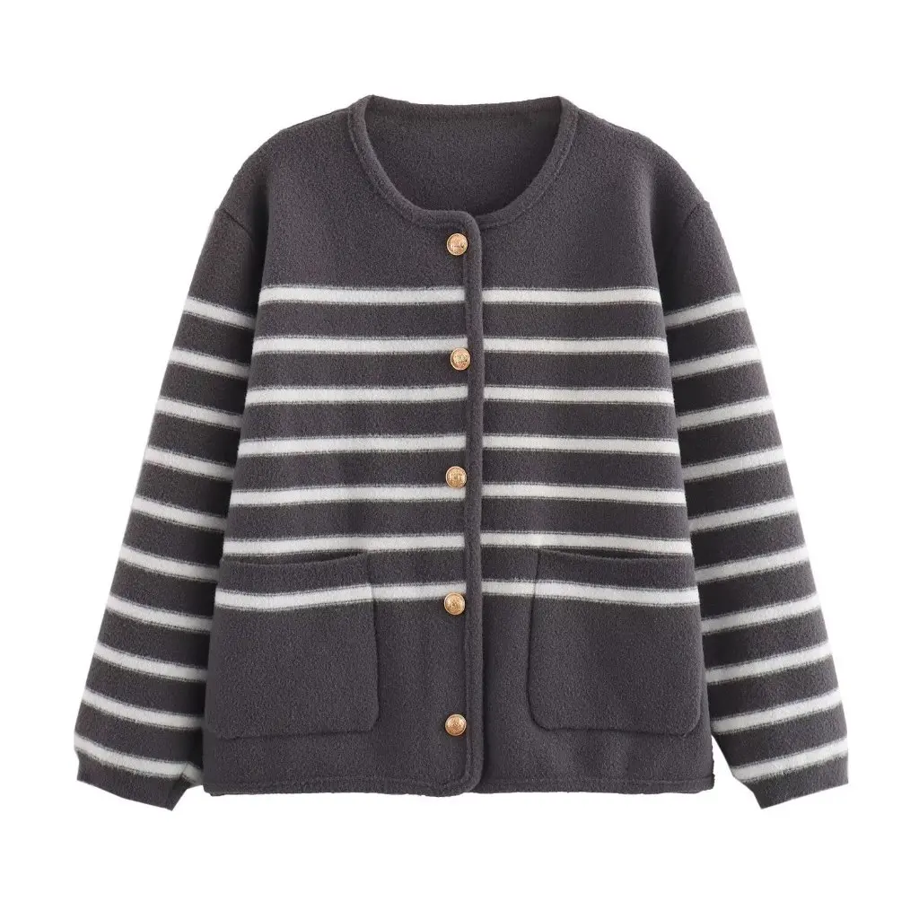 

Women's Vintage Striped Knitted Cardigan Autumn Winter New Style Small Fragrant All-match Elegant Knitted Jacket for Ladies
