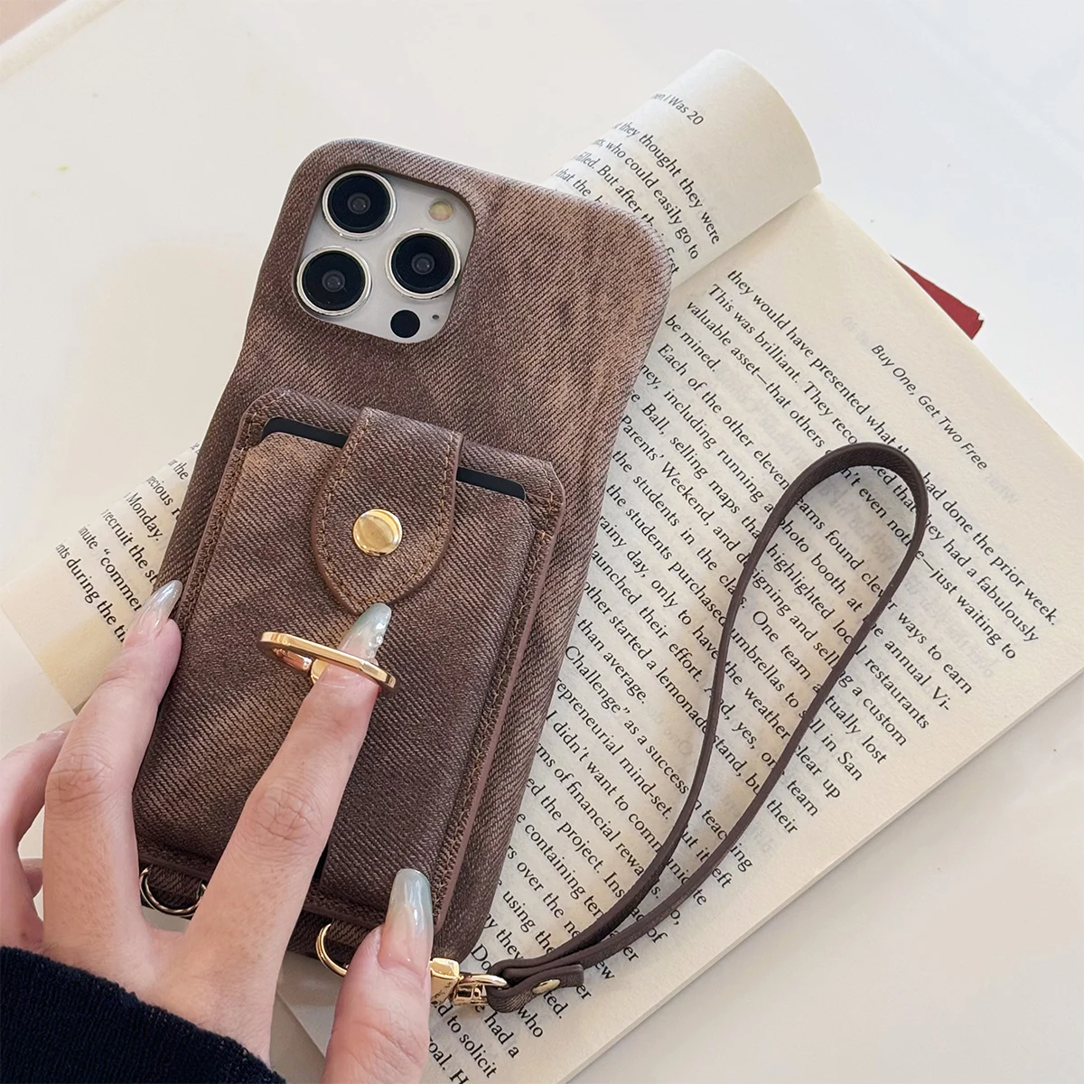 Luxury Lanyard Flip Card Holder Denim Pattern PU Leather Wallet Case For iPhone 15 Pro Max 14 Plus 13 12 11 Stand cover Shell