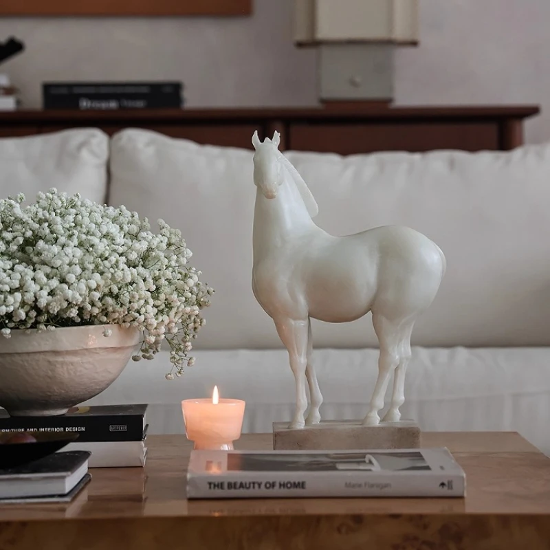 

Living room coffee table ornament medieval imitation jade white horse sculpture hotel home entrance retro desktop decoration
