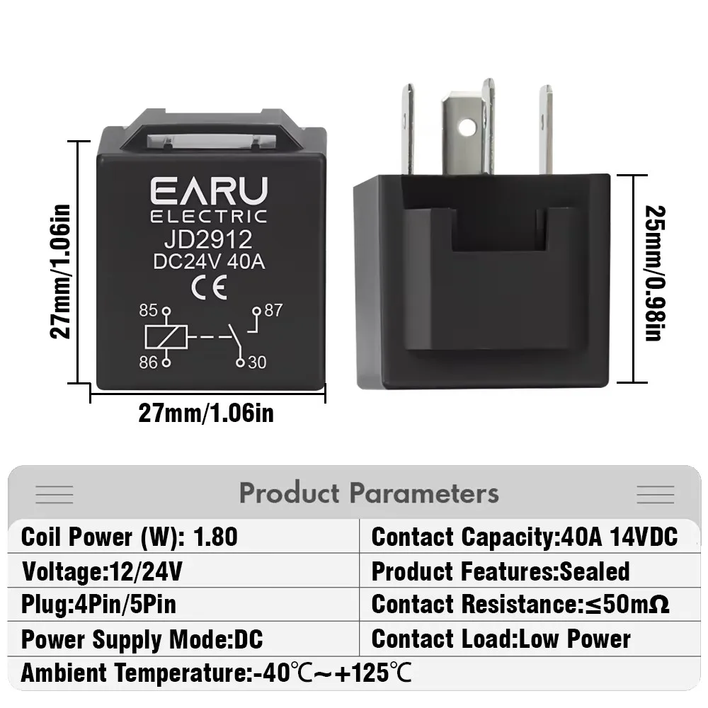 EARU 4Pin 5Pin 40A Waterproof Car Relay Long Life Automotive Relay Normally Open DC 12V 24V Relay For Head Light Air Conditioner