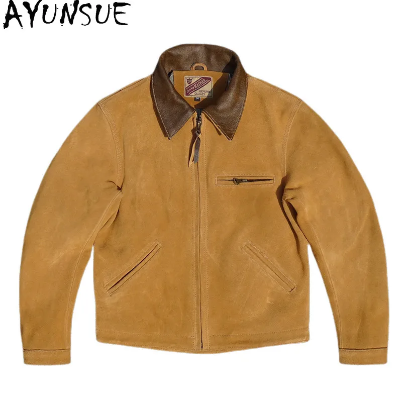 

AYUNSUE, замшевое пальто из натуральной воловьей кожи, мужские куртки из натуральной коровьей кожи 2025 года, мужская короткая кожаная куртка с лацканами, рабочая одежда Jaquetas
