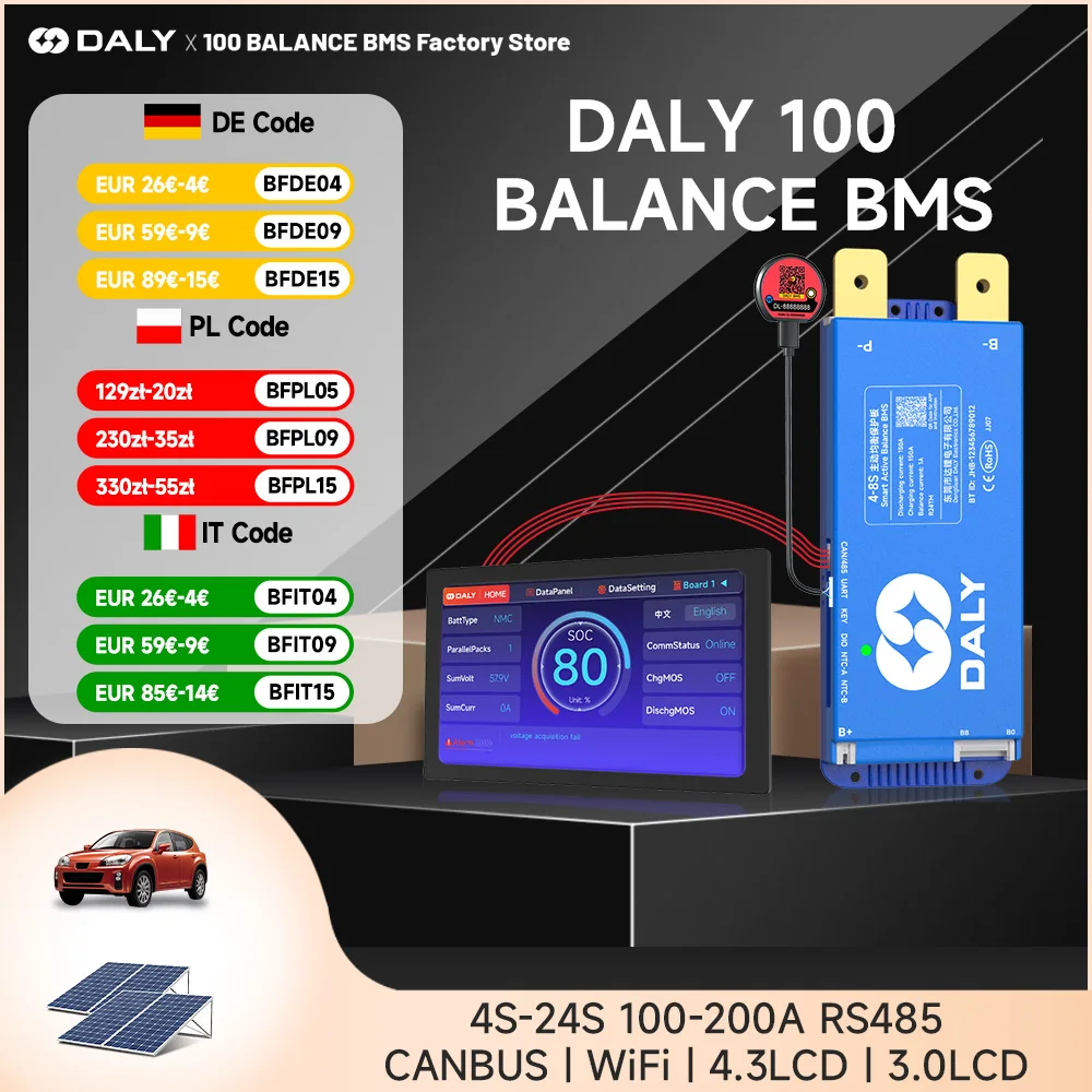 

Daly Smart Bms with Active balance Wifi bluetooth LCD display 4S 8S 16S 24S 100A 150A Li-ion lifepo4 LTO rs485 CANBUS inverter