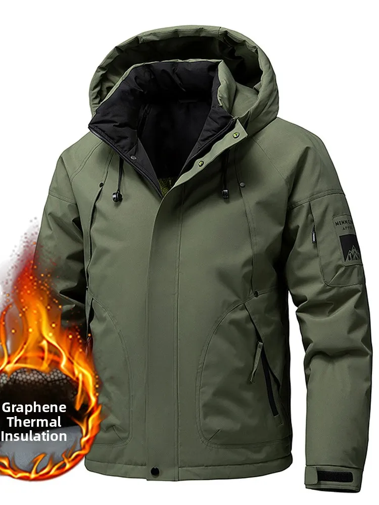 

Thiened Warm Winter aphene down Jaet Hooded Men's Workwear Cotton Coat Couple's Outerwear Outdoor Leisure Long Sve Z...