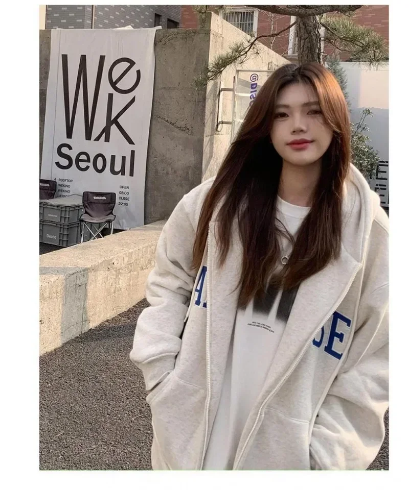Hip Hop Zip Up Hoodies Women Harajuku Vintage Oversized Sweatshirts Loose Casual All-match Letter Print Y2k Tops Korean Fashion