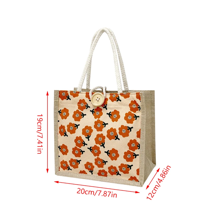 Linnen Stof Canvas Handtas Met Knoop Herbruikbare Make-Up Opslag Kleine Tote Love Flower Print Picknick Ontbijttas