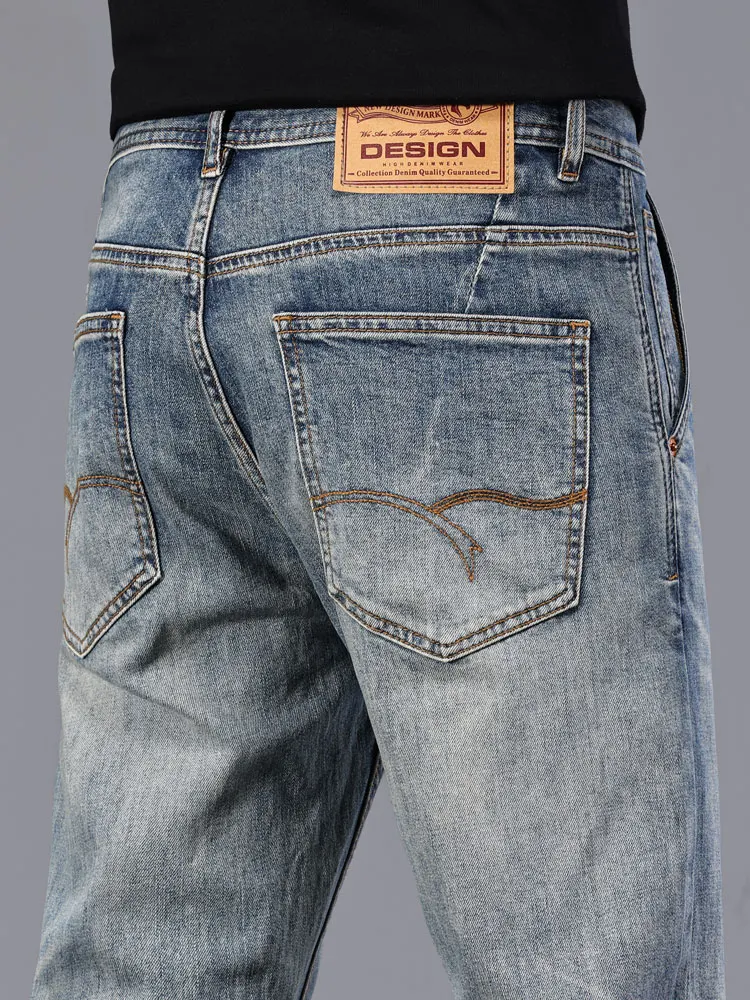 

Новинка 2025, мужские джинсы из хлопка премиум-класса, прямые облегающие повседневные длинные брюки с завязками, ретро, американский тренд, эластичные