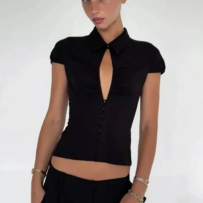 High Quality Hot Selling Wholesale New Products Fashionable Deep V-neck Cardigan Breasted Lapel Short Sleeved T-shirt Top Women