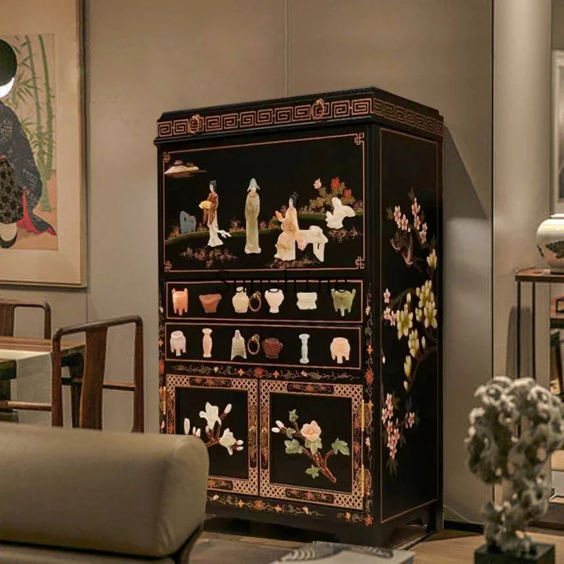 

New Chinese-style carved furniture, living room, neoclassical handmade flower and bird wine cabinet, entrance locker