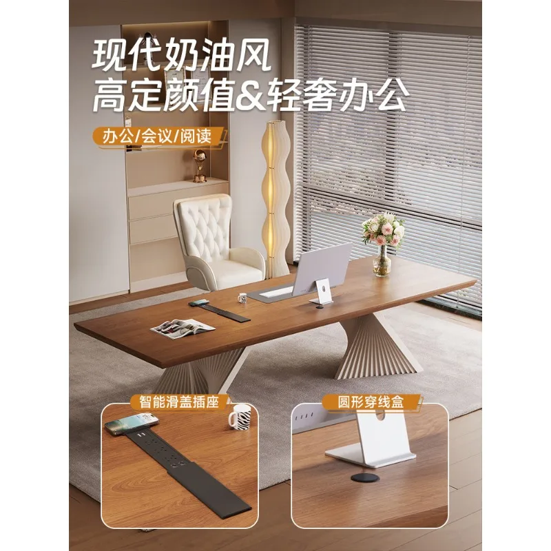 Premium boss table, desk, designer solid wood cream style desk, computer desk for small household use