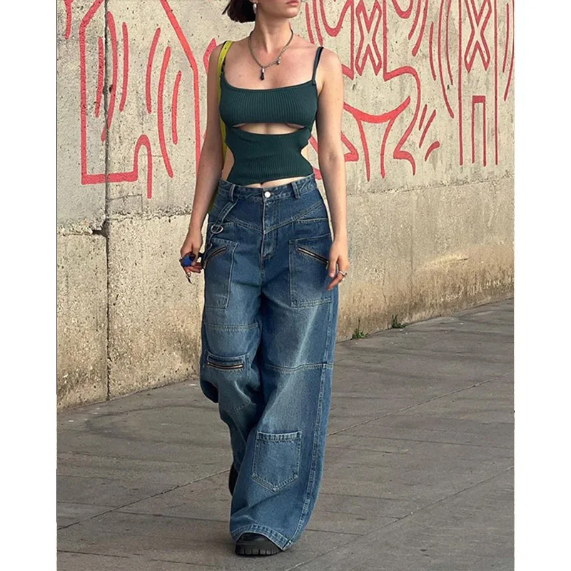 Street Style Zware Industrie Rits Multi Pocket Werkkleding Jeans Pittige Meisje Hoge Taille Loszittende Versleten Broek Met Rechte Pijpen