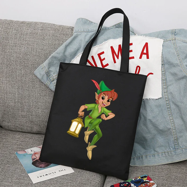 Disney Peter Pan Cartoon Fashion Large Capacity Canvas Shoulder Bag Women's Casual Tote Bag Kids Student Handbag Shopping Bag