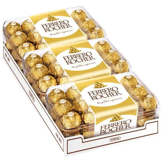 Ferrero Rocher T30 - 3 Estuches de 30 Bombones (90 Unidades) | Chocolate Premium con Avellana Envueltos en Oro, Ideal para Regalo o Celebración