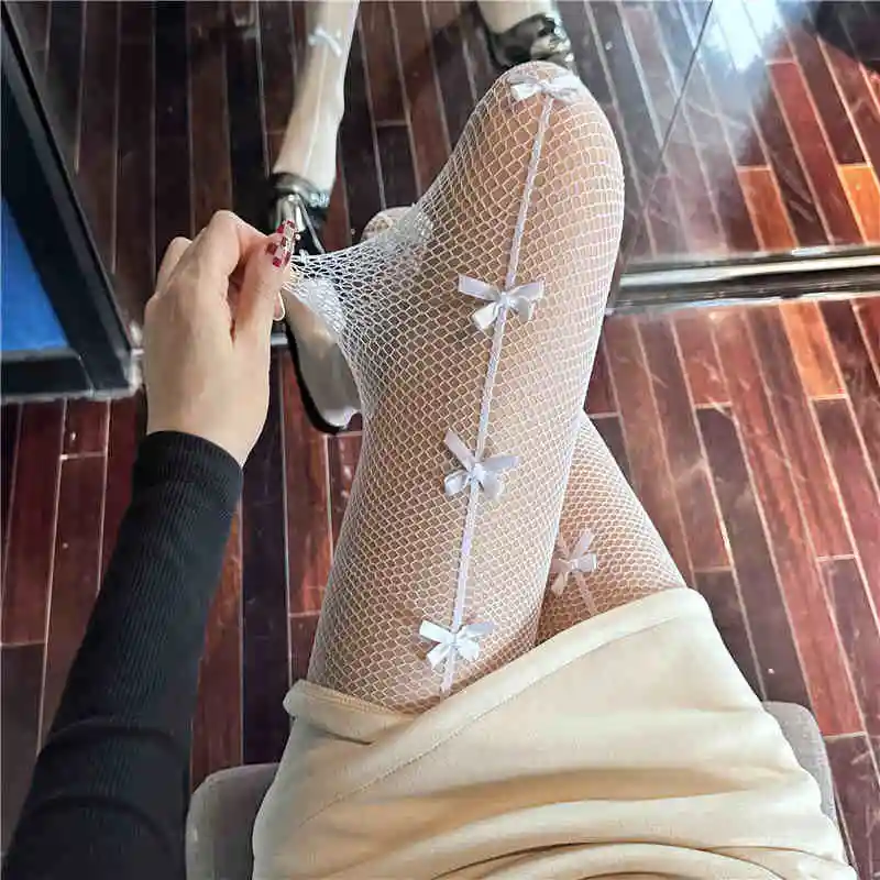 Pantyhose Women Hollow Out Sexy Lace Mesh Fishnet Stockings Women Tights Cute Bow JK Lolita Thigh High Stockings Pantyhose Tight