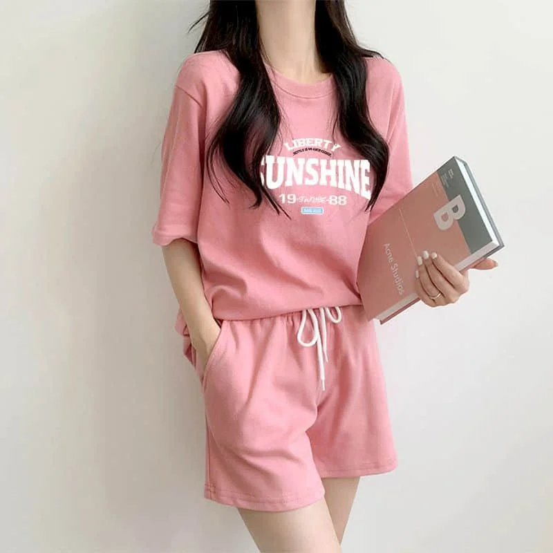 Sporty Shorts Set Loose Korean Style Casual Pants Sets Short Sleeve T-shirt 2 Piece Sets Women Outfits Summer Sportswear Suits