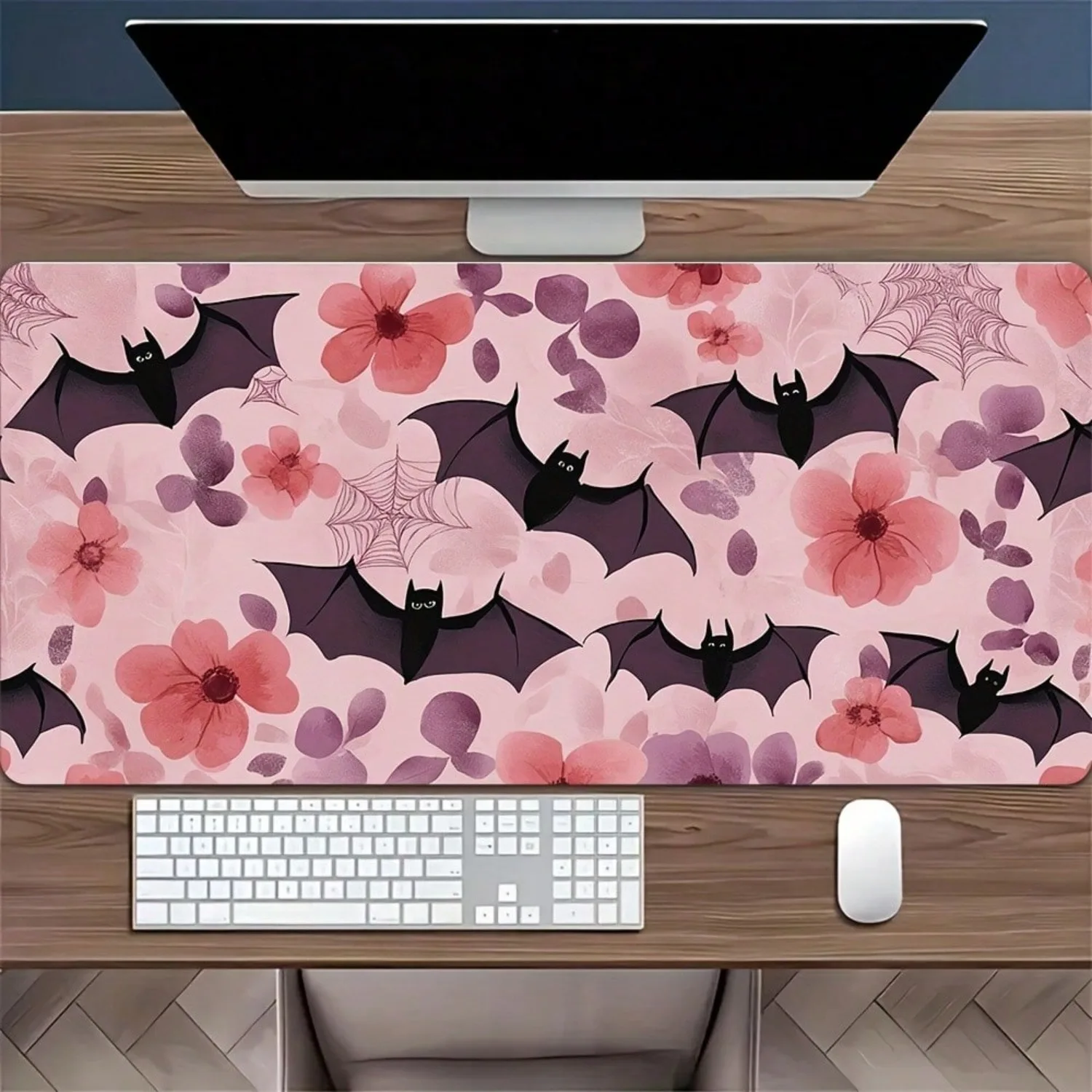 

1pc Large Pink Watercolor Bats & Webs Mouse Pad With Non-Slip Rubber Base, 15.7x31.4 Inch Gothic Floral Design Desk Mat For Office & Home, Durable Computer Accessory AL183, Desk Pad, Home Workspace Decor, Whimsical Decor, Vibrant Print Quality