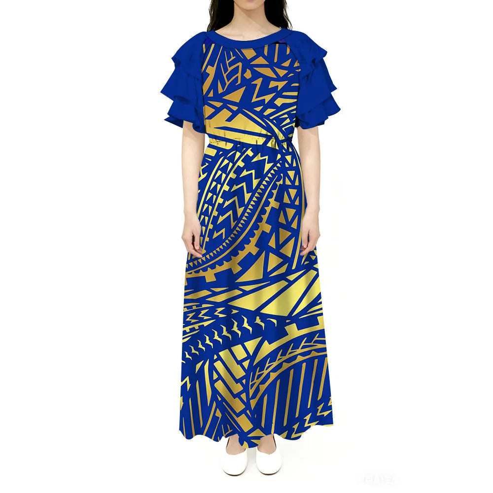 

Fashionable And Design-Savvy Women'S Dress Polynesian Loose Round-Neck Lotus Leaf Sleeves Custom-Made Festival Party Dress