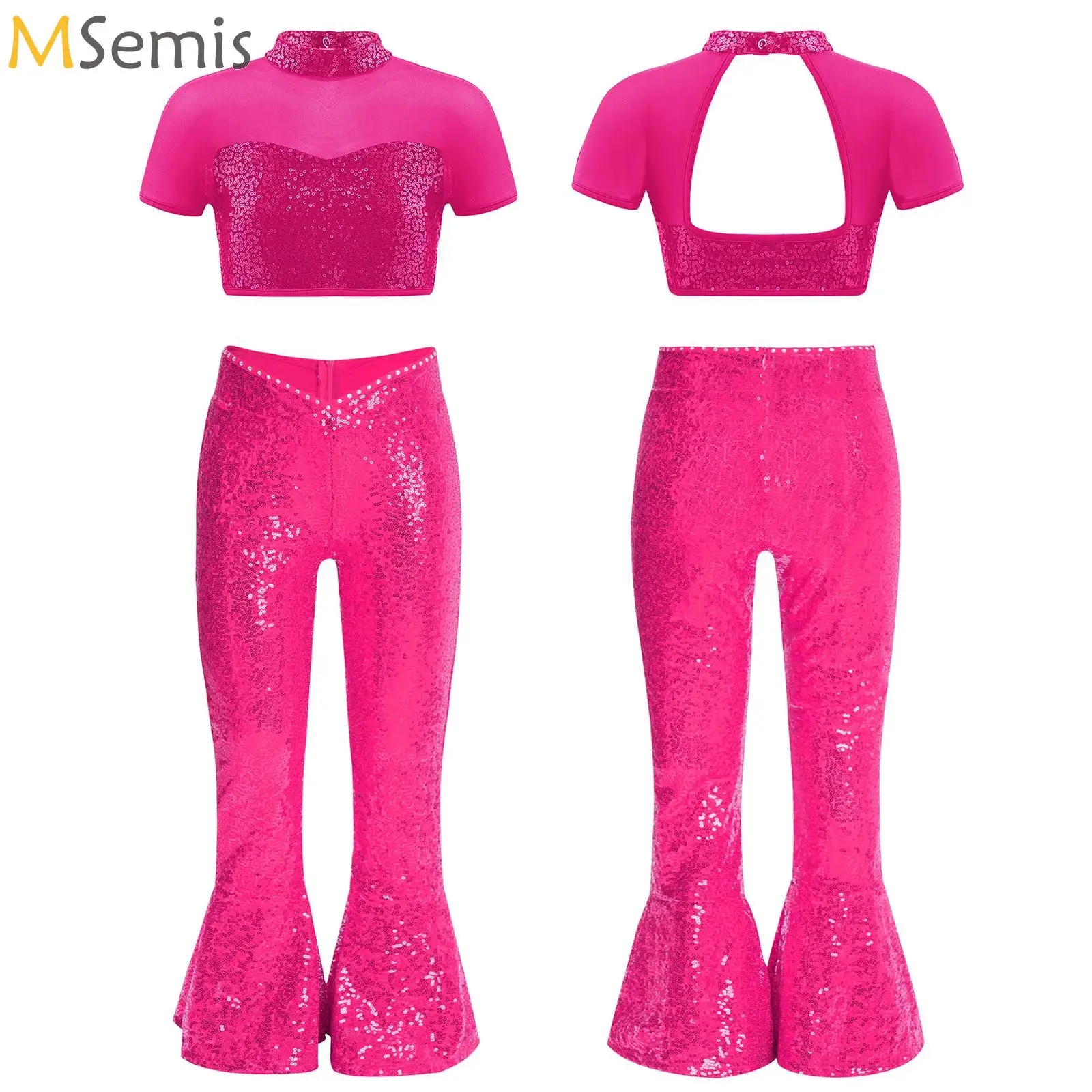 

Kids Girls Sparkly Sequins Jazz Dance Outfit Crop Top with Bell-Bottomed Pants Set Hip Hop Jazz Dance Stage Performance Costume