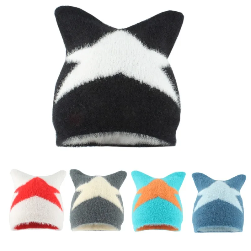 

Fall Winter New Jacquard Knitted Hat For Women Men Japanese Three-dimensional Cat Ears Thickened Warm Cute Ear Beanies Skullies