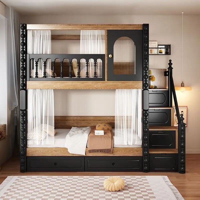 

French retro style full solid wood high and low bed bunk bed adult children's bed upper and lower bunk guardrail