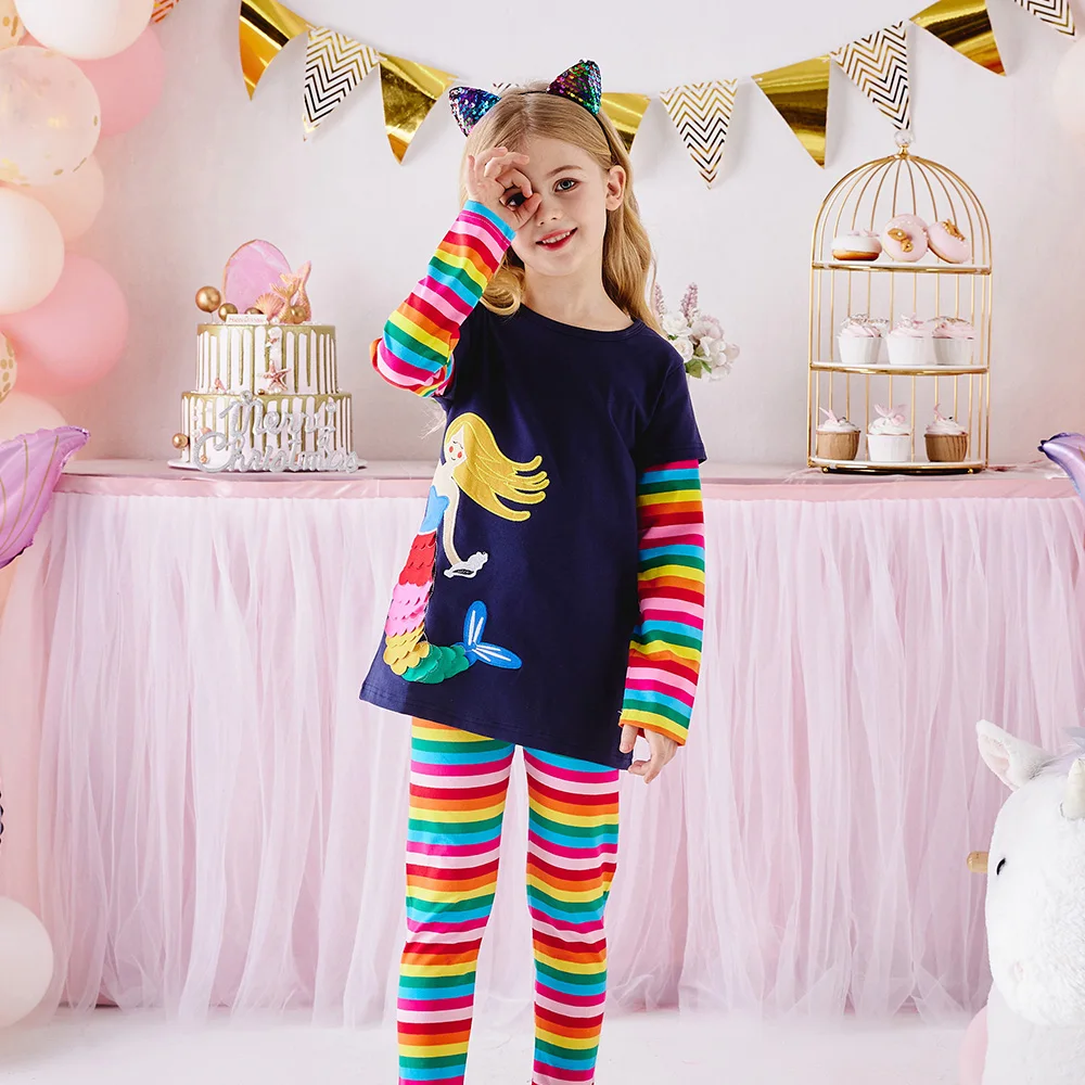 VIKITA Girls Clothing Sets Kids Mermaid Appliqued Long Sleeve RainboW Striped Cotton Casual Tops and Tees and Pencil Pants 2 pcs