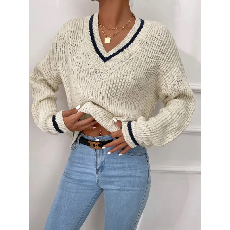 2023 Amazon Autumn Foreign Trade Cross-Border New Arrival French Stripes V-neck Casual Loose Knitted Sweater Top Women