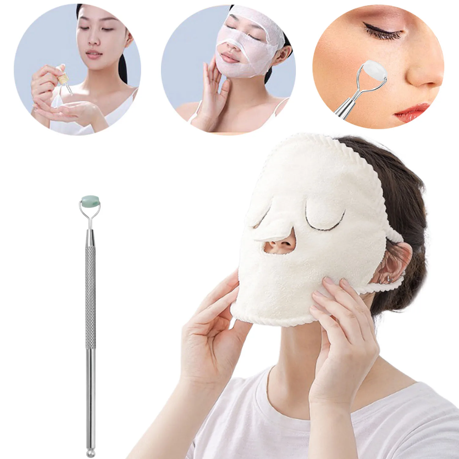 

2pcs Facial Lifting and Firming Care Tool Set Facial Open Pores Moisturizing Hot/Cold Compress Towel & Jade Roller Eye Massager