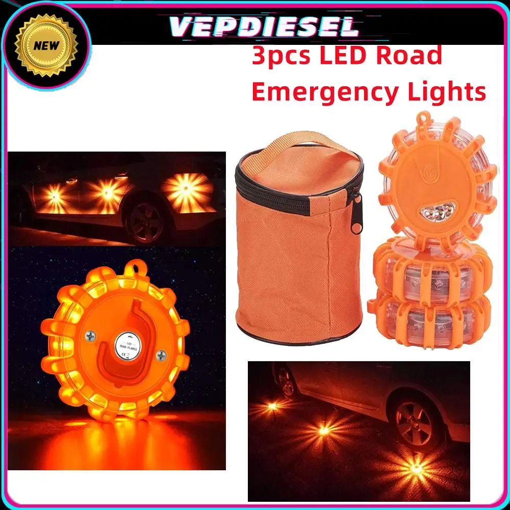 

3PCS LED Road Flare Emergency Lights Roadside Safety Beacon Disc Flashing Warning Flare Kit With Magnetic Base Storage Bags Part
