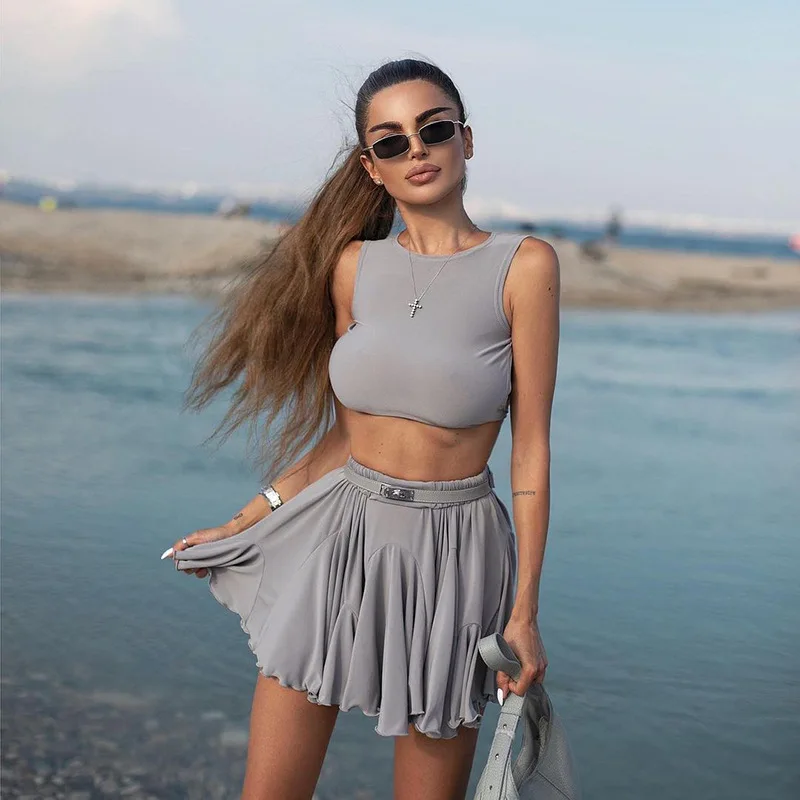 

2025 Women Beach Two-piece Suits,Sport Sexy Skirt Suit, Backless Tank Top and Skirt Sets