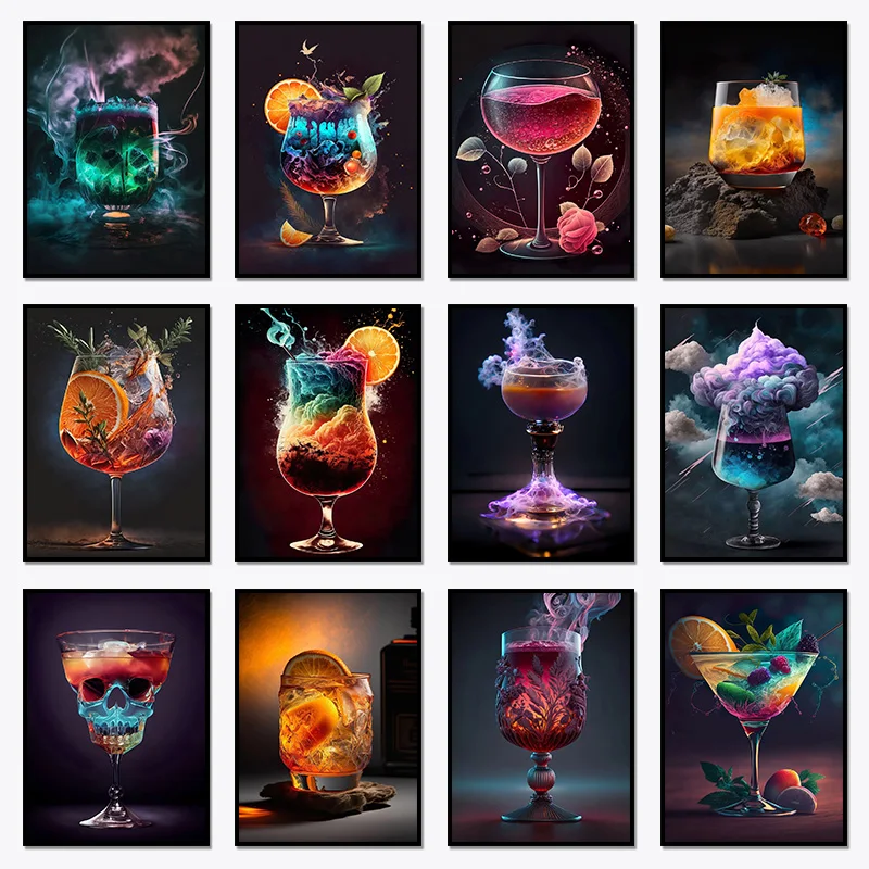 Affiche de cocktail nordique, impression de fruits tropicaux arc-en-ciel magique, peinture sur toile, tableau mural, décoration pour bar, restaurant, salon, maison