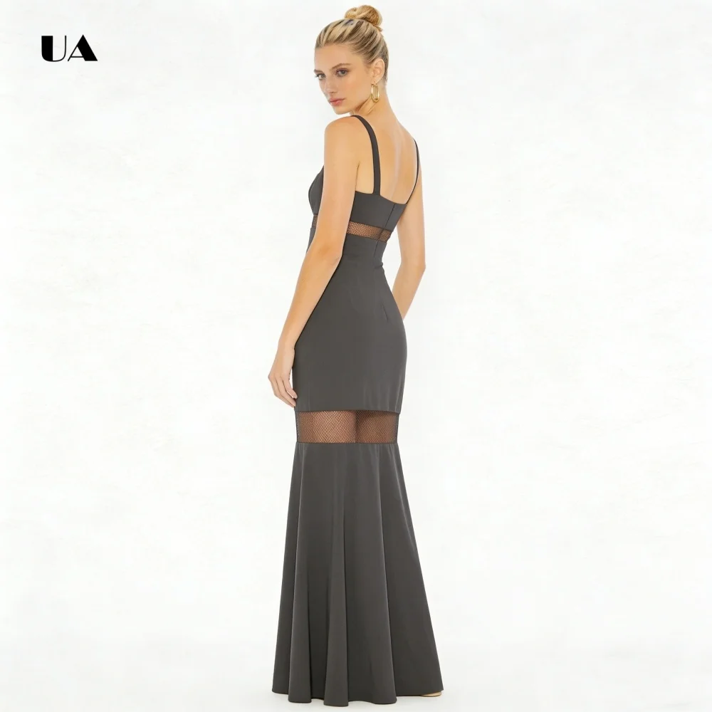 ชุดราตรีทรงคอลัมน์ ULBYANRY คอเหลี่ยม แขนกุด ผ้าเนื้อเรียบ แต่งด้วยผ้าตาข่าย ชุดราตรีงานเลี้ยงแบบโปร่งบางสั่งตัดได้