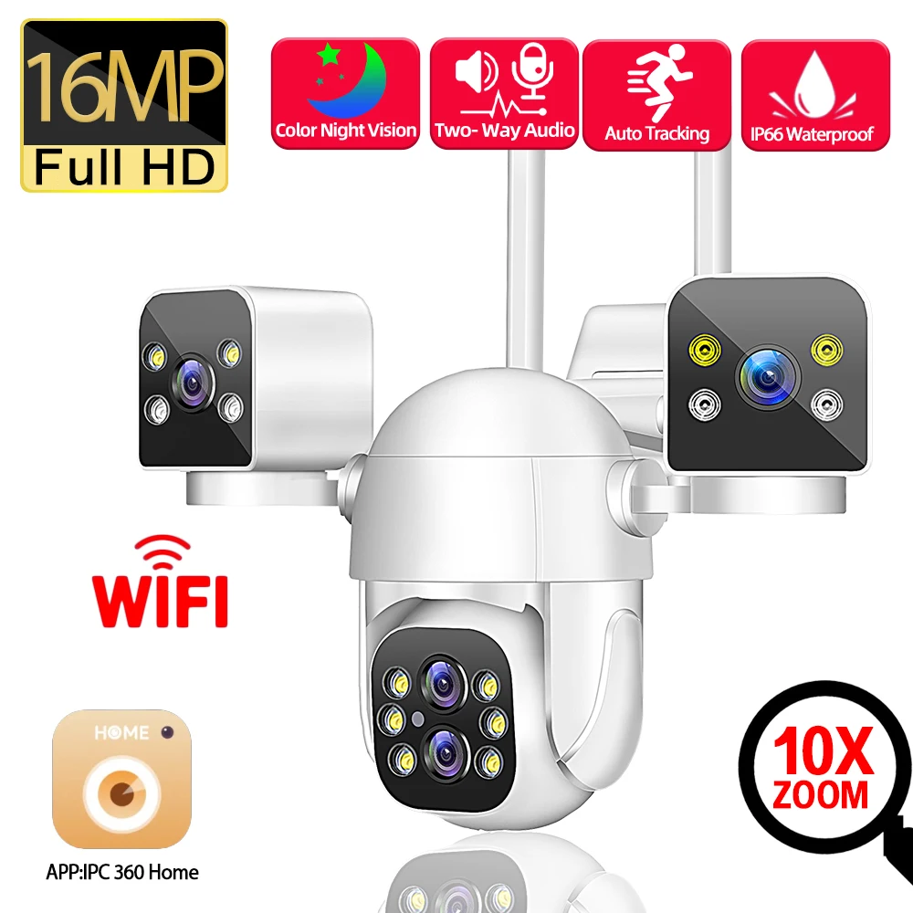 10X Zoom 16MP 4K Wifi PTZ Security Camera  Four Lens Three Screen outdoor Auto tracking Wireless CCTV Video Surveillance Camera