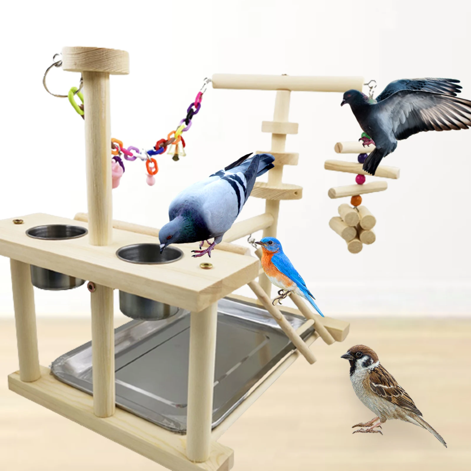 Wood Parrot Playground Bird Perch with Ladders Feeder Parrot Bite Toys Bird frame Stand Cage Bird