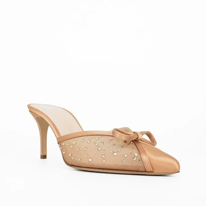 

Bow Knot Mesh Rhinestone Slippers Hollow Pointed Toe Stiletto Sandals Outdoor Wear Half-Slip Women's Shoes Mules Sandalias Mujer