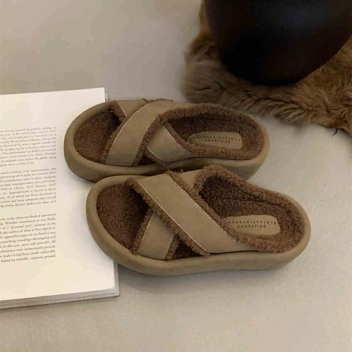 Increase Thick Bottom Lamb Wool Fur Slippers Female External Wear Fall Winter New Leisure Cotton Shoes Slip On Mules Platform