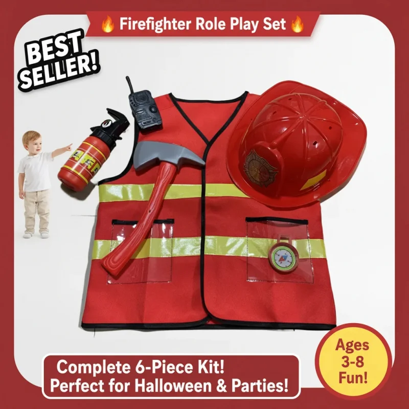 

▶❤Kids Firefighter Costume Set for Boys Girls Halloween Carnival Party Red Fireman Dress Up with Hat❤◀