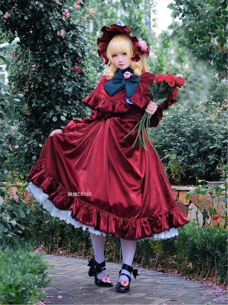 Reiner Rubin Shinku Cosplay Costume Anime Rozen Maiden Women Cute Red Dress Pure Ruby Cosplay Lolita Hat Wig Halloween Set