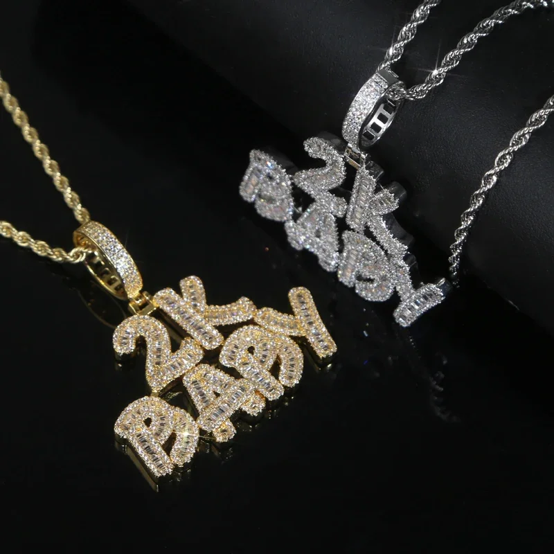 Full Paved 5A Cubic Zircon Pendants Necklace Gold Plated Bling Cz Custom 2000s 2k Baby Hip Hop Monogram Jewelry